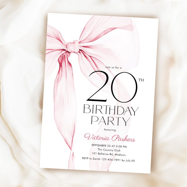 Invitation Anniversaire 20 ans Ruban Rose Coquette (Créateur téléchargé)