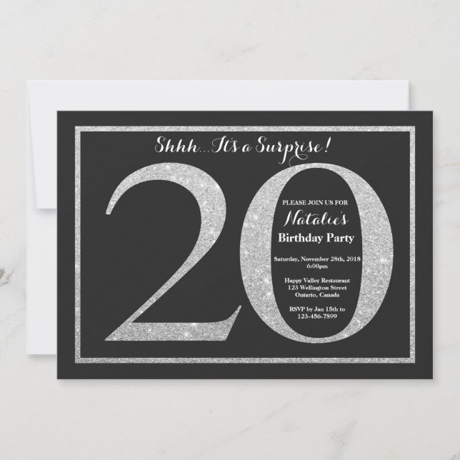 Invitation Anniversaire 20 ans Surprise Paillettes (Devant)