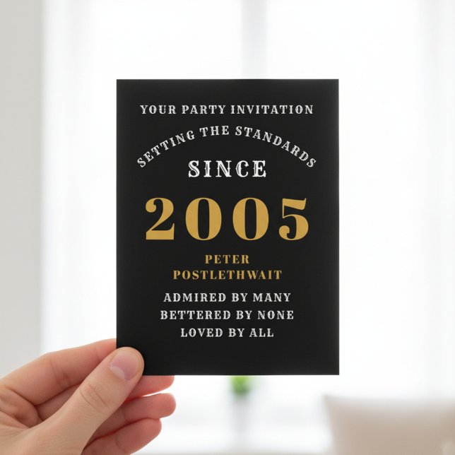 Invitation anniversaire 21 ans 2005 Noir Or (2005 birthday party postcard invite. Blurred background.)