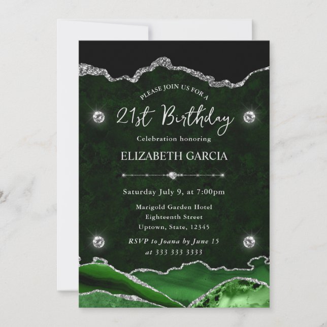 Invitation Anniversaire 21 ans Agate Pailleté Vert et Argent (Devant)