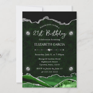 Invitation Anniversaire 21 ans Agate Pailleté Vert et Argent