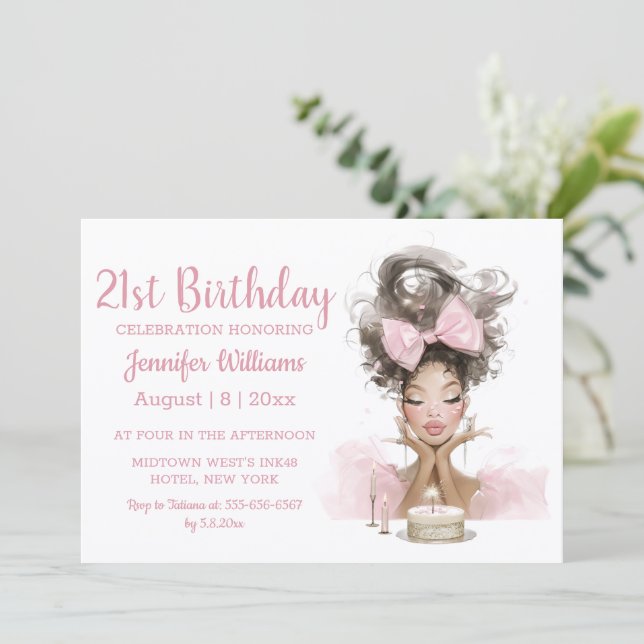 Invitation Anniversaire 21 ans aquarelle robe rose stylée fêt (Debout devant)