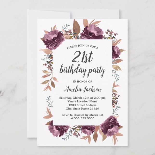 Invitation anniversaire 21 ans aquarelle violet Bl (Devant)