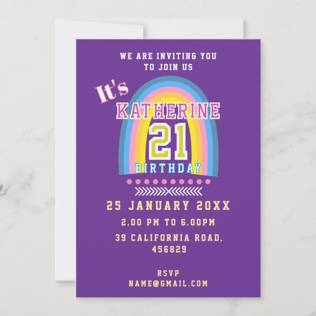 Invitation Anniversaire 21 ans Arc-en-ciel Violet (Devant)