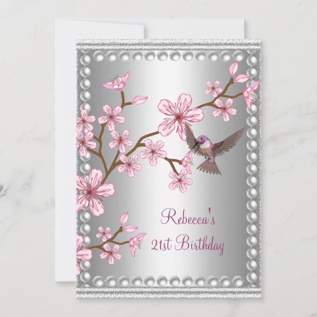 Invitation Anniversaire 21 ans Argent Asie Perle Rose Fleur O (Devant)