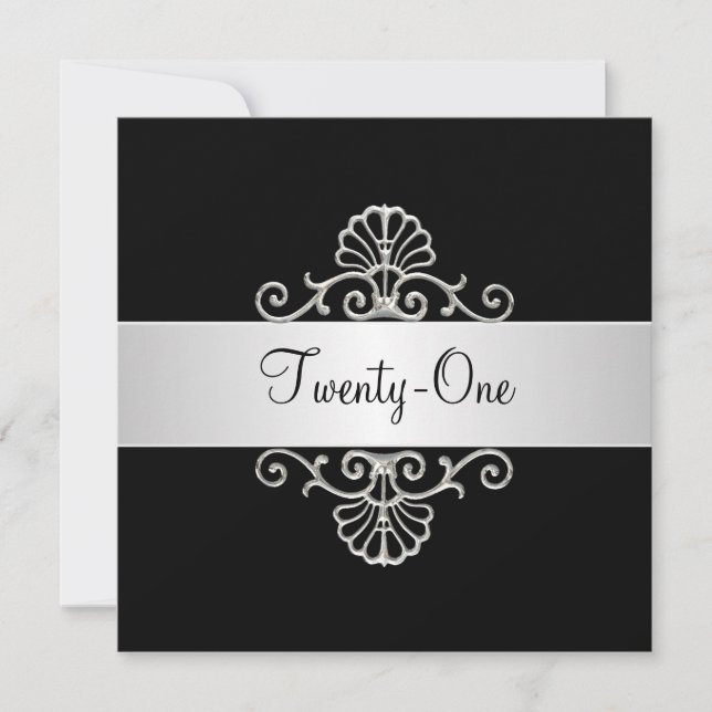 Invitation Anniversaire 21 ans Argent Noir et Blanc (Devant)