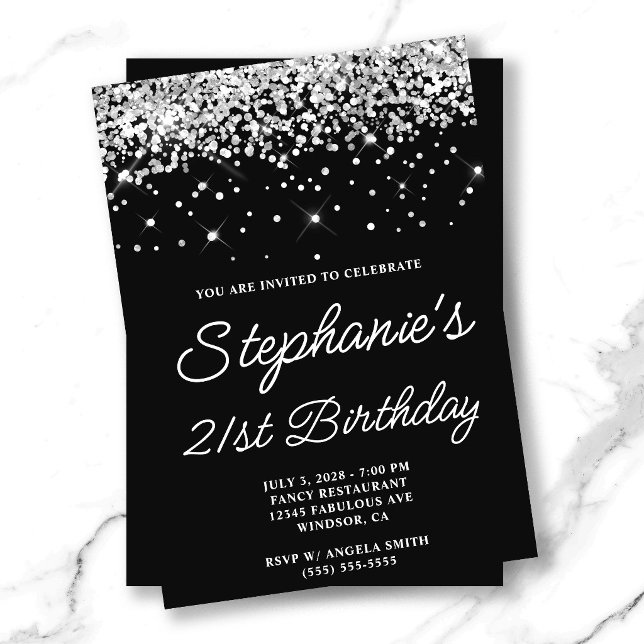 Invitation Anniversaire 21 ans Black Silver Glitter (Silver Glitter Black 21st Birthday Invitation)