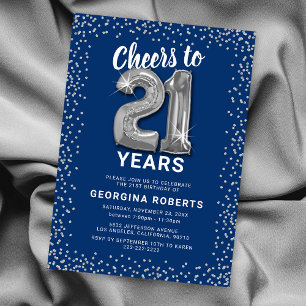 Invitation Anniversaire 21 ans bleu argent adulte