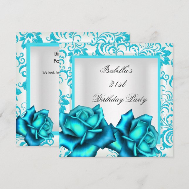 Invitation Anniversaire 21 ans Bleu Sarcelle Fleur Rose Blanc (Devant / Derrière)