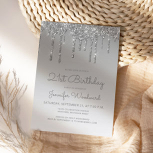 Invitation Anniversaire 21 ans Chic Glitter Drip Argent