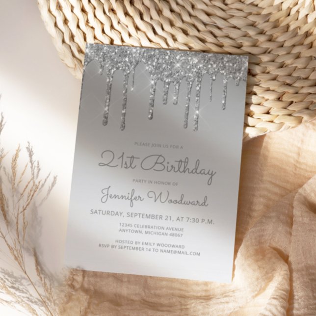 Invitation Anniversaire 21 ans Chic Glitter Drip Argent (Créateur téléchargé)