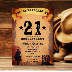 Invitation anniversaire 21 ans cowboy vieux papier cheval à c