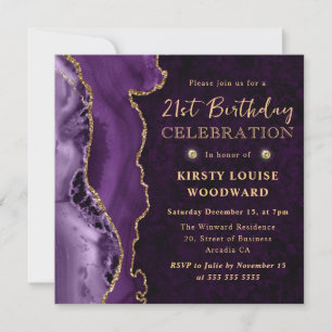 Invitation Anniversaire 21 ans élégant agate pailletée violet