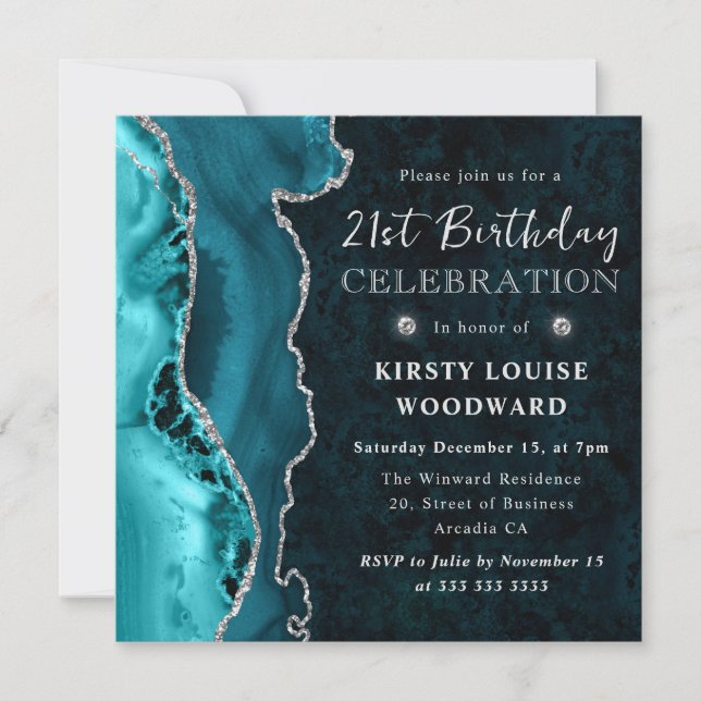 Invitation Anniversaire 21 ans élégant agate sarcelle et pail (Devant)