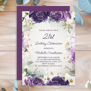 Invitation Anniversaire 21 ans élégant avec fleurs violettes 
