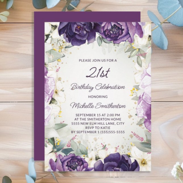 Invitation Anniversaire 21 ans élégant avec fleurs violettes  (Purple floral women's 21st birthday party invitation)