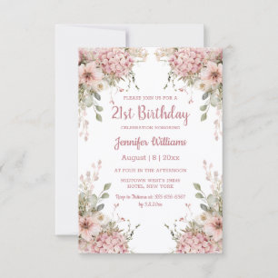 Invitation Anniversaire 21 ans Elegant Rose Pâle Floral Garde