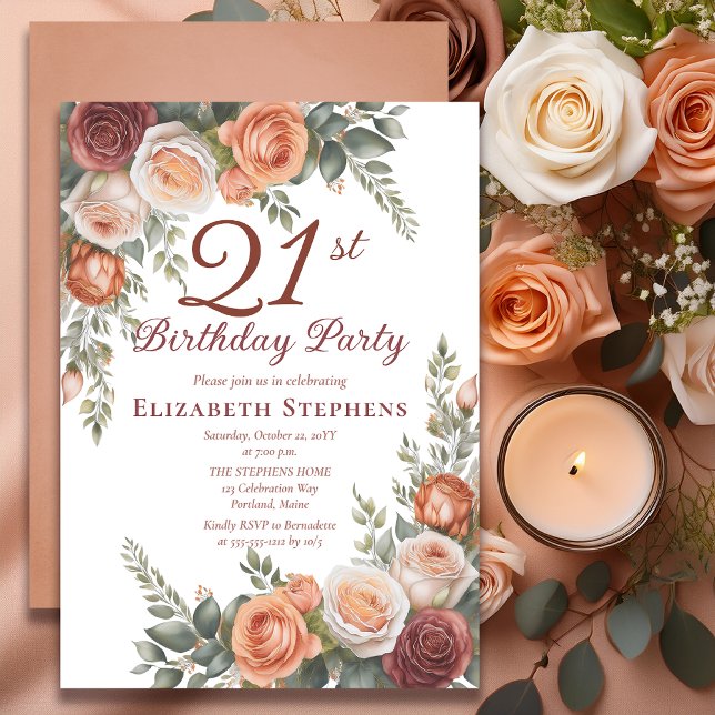 Invitation Anniversaire 21 ans Elegant Rust Terracotta Rose F (Elegant rust and terracotta watercolor roses for a sophisticated milestone 21st birthday celebration)