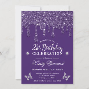 Invitation Anniversaire 21 ans élégant violet paillettes qui 