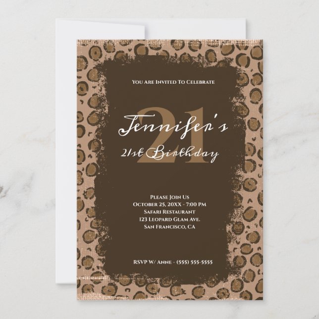 Invitation Anniversaire 21 Ans Fantaisiste Grunge Léopard Bru (Devant)