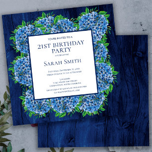 Invitation Anniversaire 21 ans Fête Rustique Bois Hydrangeas 