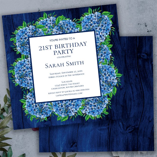 Invitation Anniversaire 21 ans Fête Rustique Bois Hydrangeas  (Créateur téléchargé)