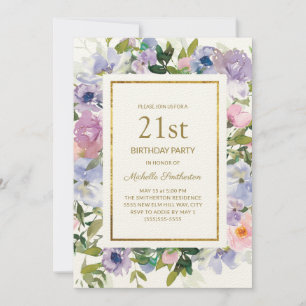 Invitation Anniversaire 21 ans Fleurs Bleu Violet Élégant Or