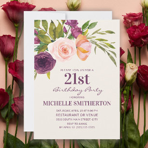 Invitation Anniversaire 21 ans Fleurs Rose Pâle Pourpre Bourg