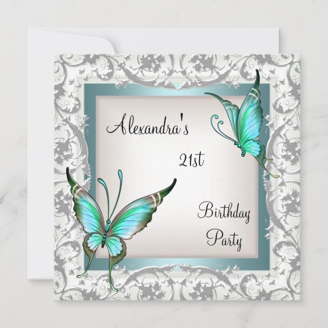 Invitation Anniversaire 21 ans Floral papillon sarcelle argen (Devant)