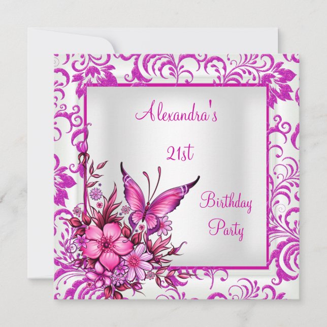 Invitation Anniversaire 21 ans floral rose papillon argent bl (Devant)