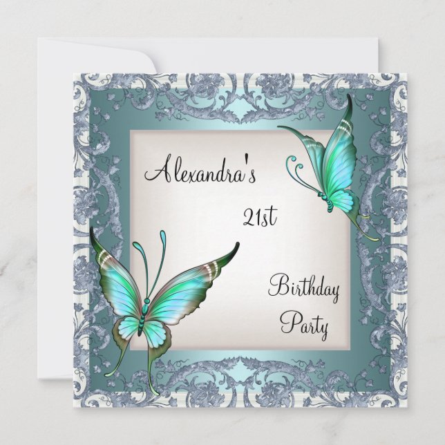 Invitation Anniversaire 21 ans Floral Teal Papillon Argent Bl (Devant)