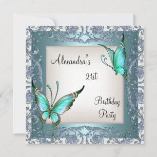 Invitation Anniversaire 21 ans Floral Teal Papillon Argent Bl
