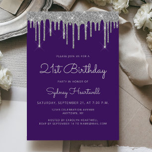 Invitation Anniversaire 21 ans Glam Violet Paillettes Argenté