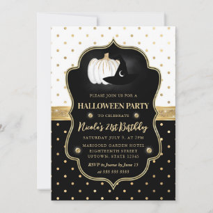Invitation Anniversaire 21 ans Halloween à pois noir et blanc