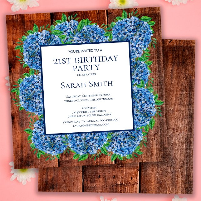 Invitation Anniversaire 21 ans Hydrangeas Bleu Bois Fête Rust (Créateur téléchargé)