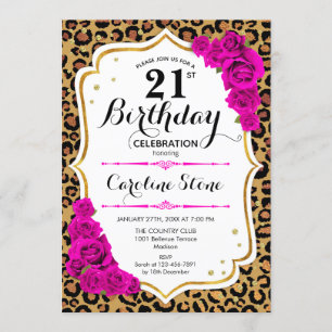 Invitation Anniversaire 21 ans - Imprimé léopard rose or