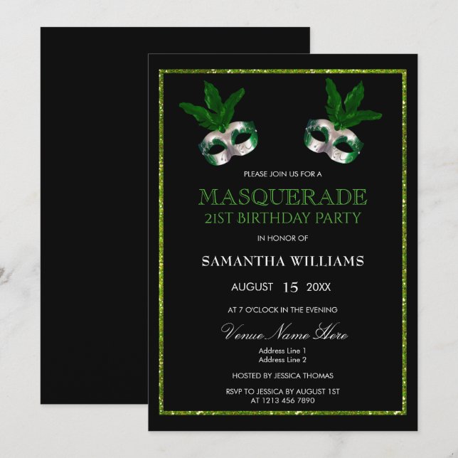Invitation Anniversaire 21 ans Mascarade Paillettes Vertes Br (Devant / Derrière)