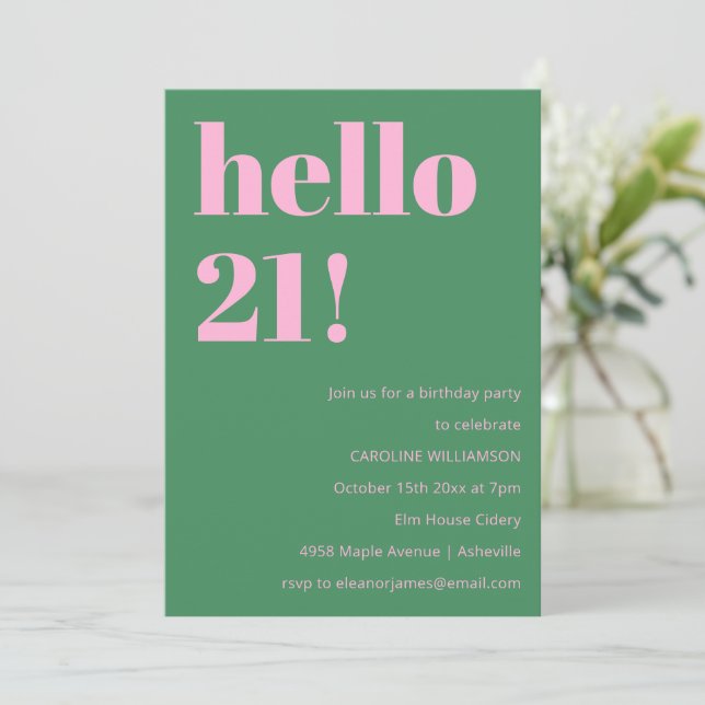 Invitation Anniversaire 21 Ans Moderne Rétro Rose Vert Gras (Debout devant)