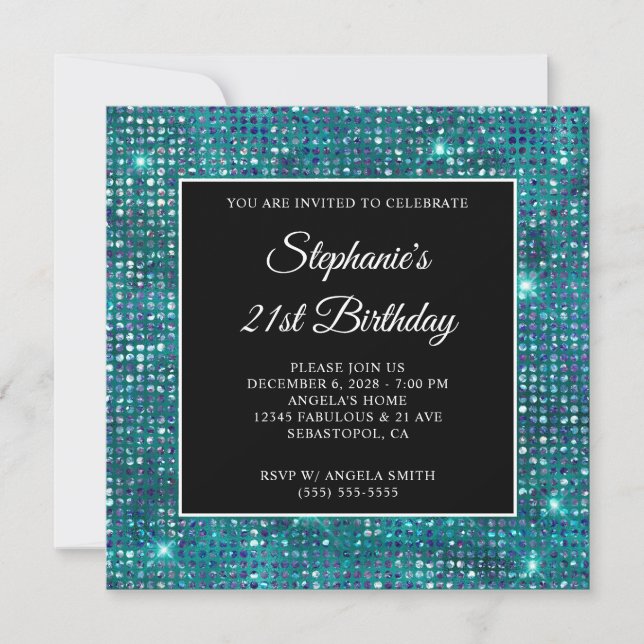 Invitation Anniversaire 21 ans noir bleu sarcelle diamant pai (Devant)