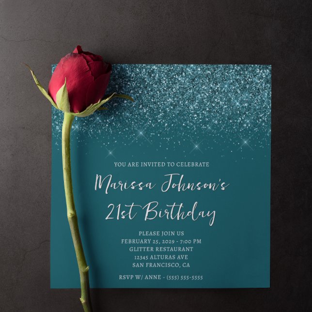 Invitation Anniversaire 21 ans pailleté scintillant sarcelle  (Sparkly Glittery Dark Teal 21st Birthday Invitation)