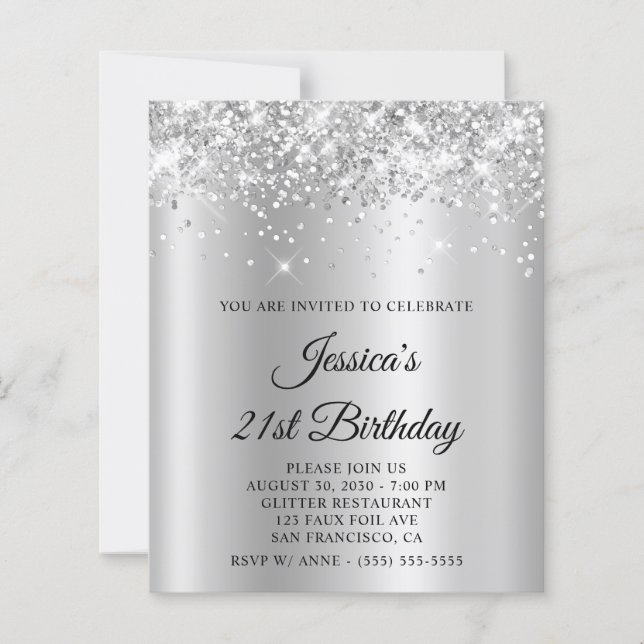 Invitation Anniversaire 21 Ans Pailletée Gris Arge (Devant)