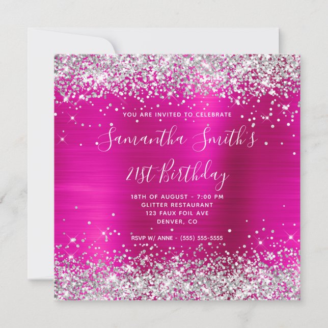 Invitation Anniversaire 21 ans paillettes argent rose chaud (Devant)