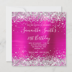 Invitation Anniversaire 21 ans paillettes argent rose chaud