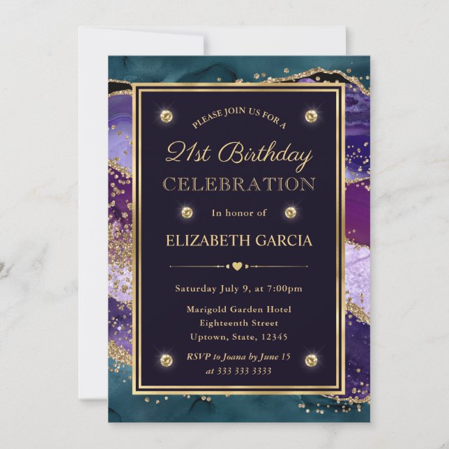 Invitation Anniversaire 21 ans paillettes de sarcelle, violet (Devant)