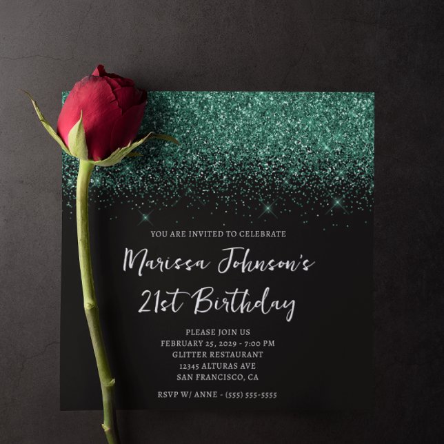 Invitation Anniversaire 21 ans Paillettes Vert Chasseur Noir  (Sparkly Hunter Green Glitter Black 21st Birthday Invitation)