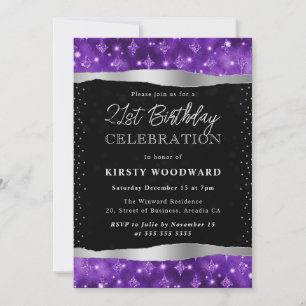 Invitation Anniversaire 21 ans paillettes violet et noir scin