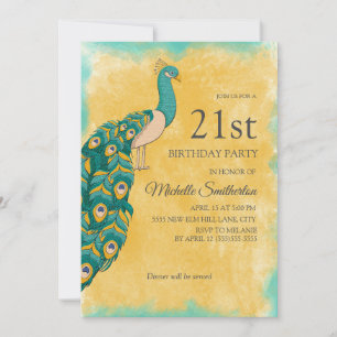 Invitation Anniversaire 21 ans Paon aquarelle sarcelle jaune