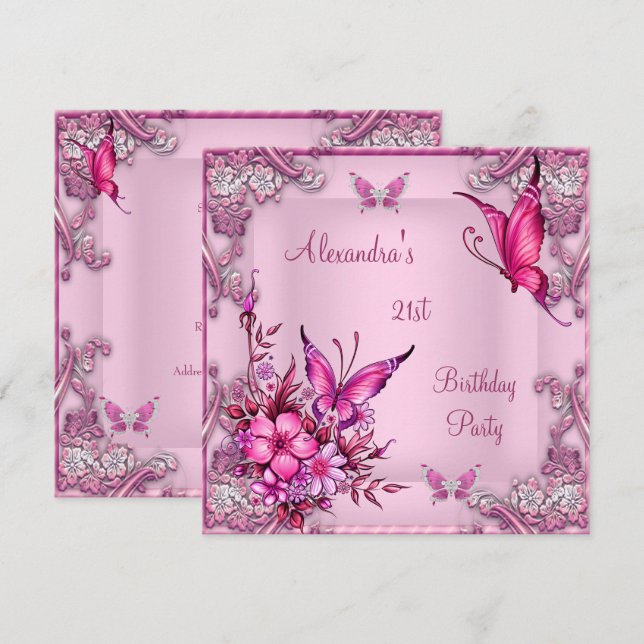 Invitation Anniversaire 21 ans Papillon Floral Rose Argent (Devant / Derrière)