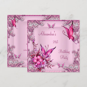 Invitation Anniversaire 21 ans Papillon Floral Rose Argent