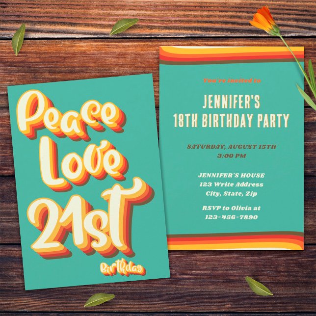 Invitation Anniversaire 21 ans Peace Love Retro Groovy Sunset (Front and Back)